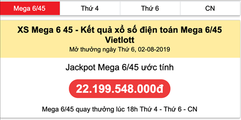 Mega 6-45 Vietlott - Jackpot uoc tinh 02-08-2019